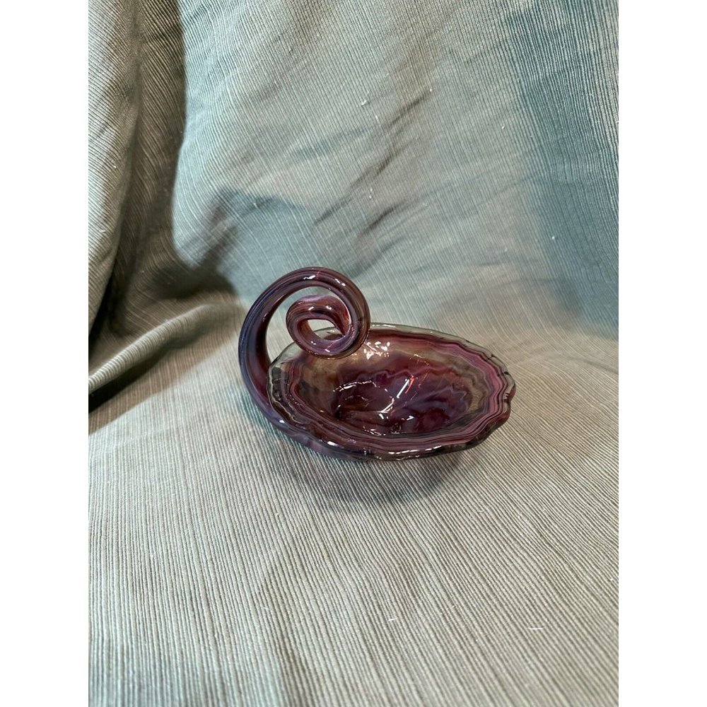 Vintage MCM Hand Blown "Sooner" Art Glass Purple and Brown Cornucopia Bowl